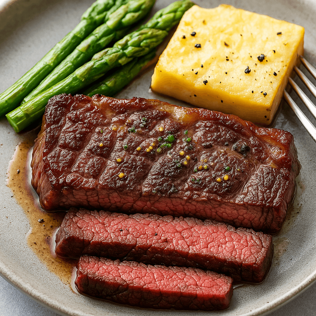 Juicy ribeye steak cooked in the air fryer, seasoned with salt and pepper, and sliced to reveal a perfectly medium-rare center—served with garlic herb butter for a protein-rich meal.