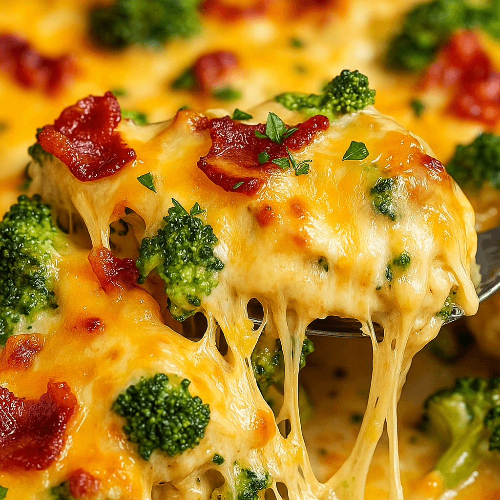 Juicy baked chicken breasts topped with melted cheddar, crispy bacon, and tender broccoli florets—served as a high-protein, low-carb dinner option.
