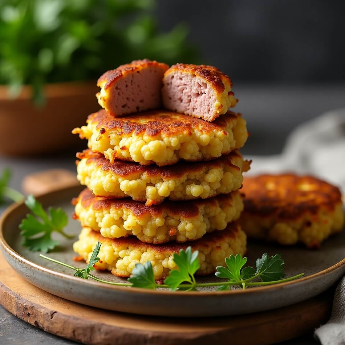 Savory cauliflower fritter sausage stacks layered with crispy fritters, sausage patties, and a dollop of creamy sauce—perfect for a high-protein, low-carb breakfast.