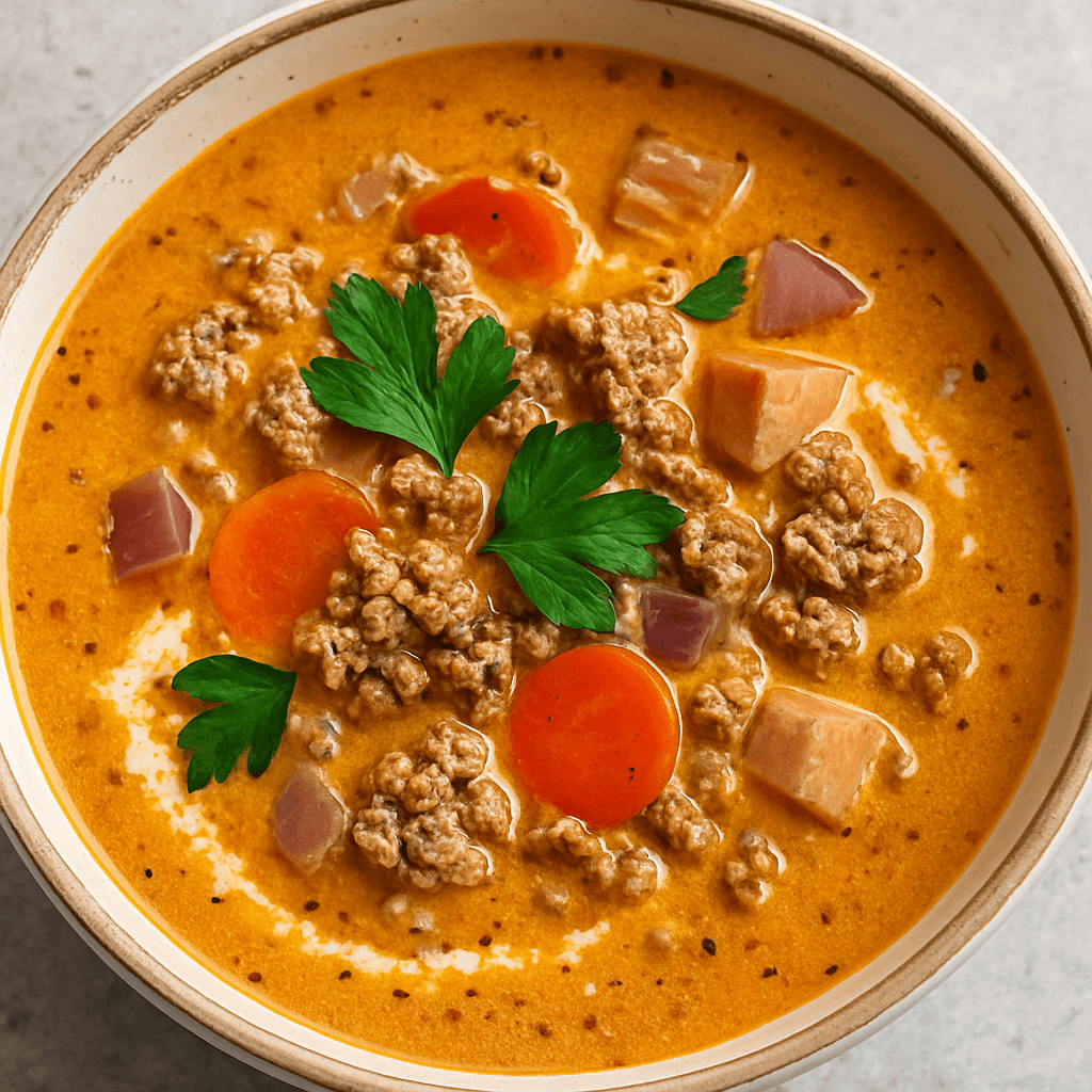 Hearty cheeseburger soup loaded with ground beef, cheddar cheese, potatoes, and vegetables—served in a bowl as a rich, comforting high-protein meal.