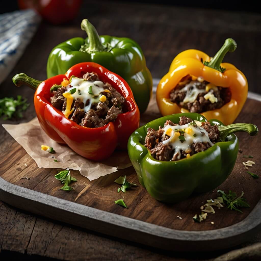 Bell peppers stuffed with thinly sliced steak, sautéed onions, and melted provolone cheese—served as a low-carb, high-protein twist on classic cheesesteak.