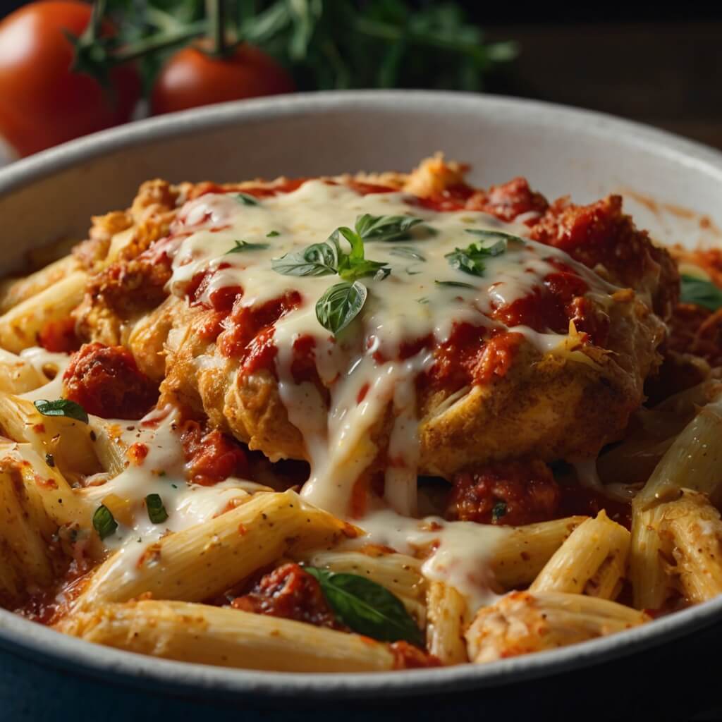 Baked chicken parmesan casserole with layers of marinara sauce, shredded chicken, melted mozzarella, and a crispy breadcrumb topping—served hot for a hearty, protein-packed dinner.