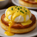 Classic eggs benedict with poached eggs, Canadian bacon, and creamy hollandaise sauce served on toasted English muffins—garnished with fresh herbs for a traditional brunch favorite.