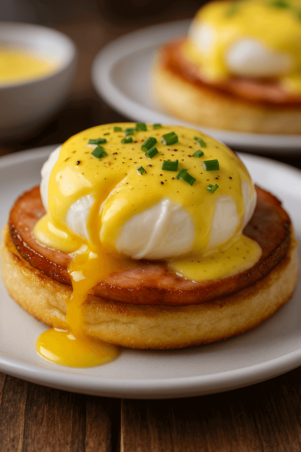 Classic eggs benedict with poached eggs, Canadian bacon, and creamy hollandaise sauce served on toasted English muffins—garnished with fresh herbs for a traditional brunch favorite.