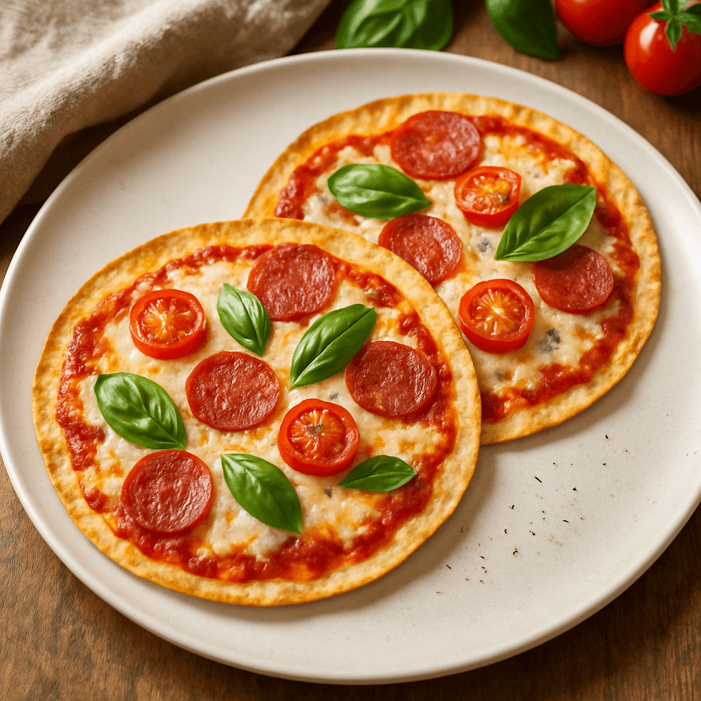 Ultra-thin tortilla pizzas baked to a crispy finish and topped with melted cheese, tomato sauce, and fresh basil—perfect for a quick and easy lunch or snack.