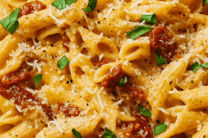 Creamy sun-dried tomato pasta tossed with penne, garlic, and parmesan cheese—served hot in a white bowl as a rich, flavorful high-protein vegetarian meal.