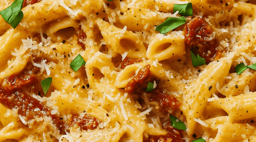 Creamy sun-dried tomato pasta tossed with penne, garlic, and parmesan cheese—served hot in a white bowl as a rich, flavorful high-protein vegetarian meal.