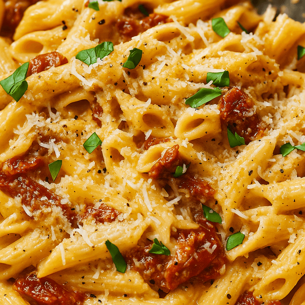 Creamy sun-dried tomato pasta tossed with penne, garlic, and parmesan cheese—served hot in a white bowl as a rich, flavorful high-protein vegetarian meal.