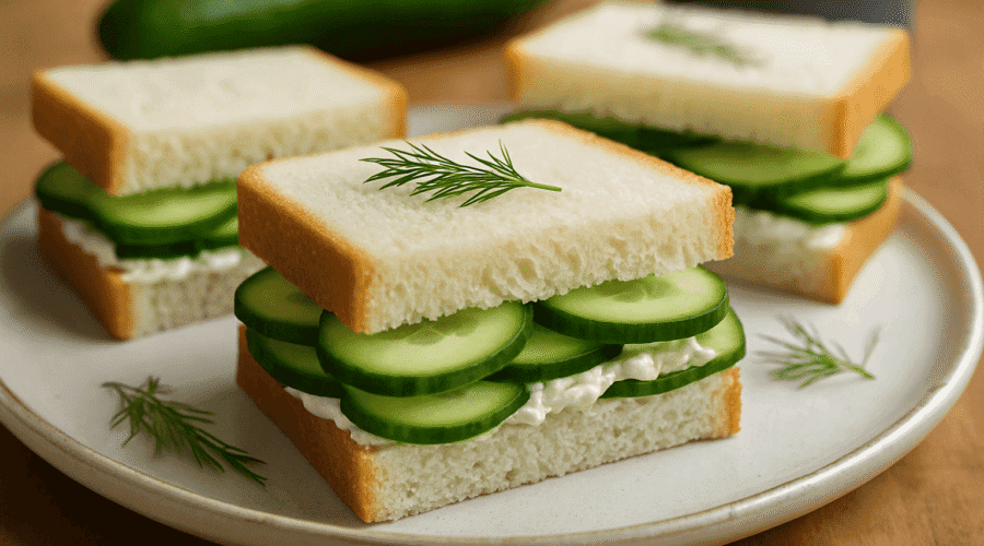 Delicate cucumber tea sandwiches made with thinly sliced cucumbers, cream cheese, and soft white bread—cut into triangles and served for a light, elegant snack or afternoon tea.