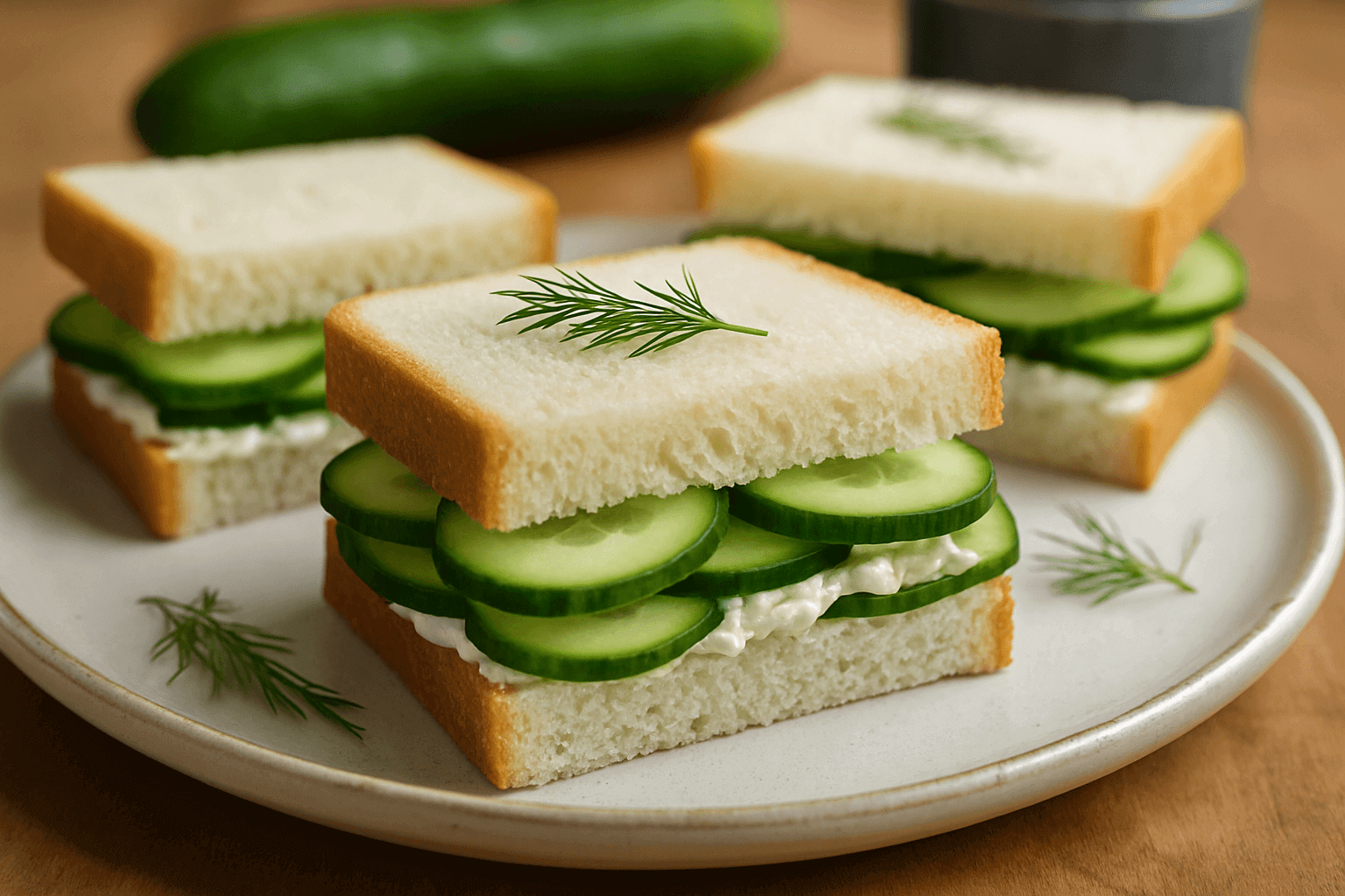 Delicate cucumber tea sandwiches made with thinly sliced cucumbers, cream cheese, and soft white bread—cut into triangles and served for a light, elegant snack or afternoon tea.