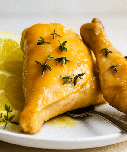 Pan-seared chicken breasts in a bright lemon butter sauce, garnished with fresh parsley and lemon slices—served as a light, flavorful high-protein dish.