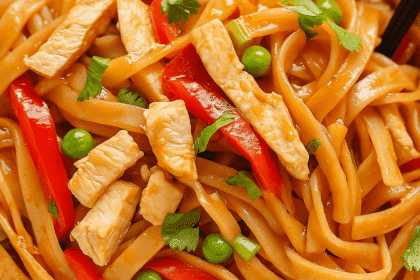 Instant Pot chicken pad Thai made with rice noodles, tender chicken, scrambled egg, and peanuts—garnished with green onions and lime for a quick, protein-packed meal.