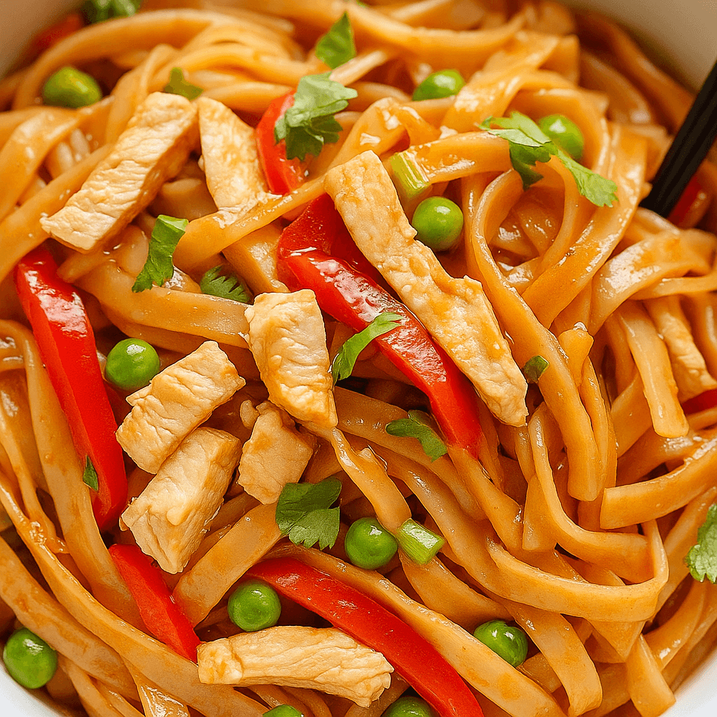 Instant Pot chicken pad Thai made with rice noodles, tender chicken, scrambled egg, and peanuts—garnished with green onions and lime for a quick, protein-packed meal.