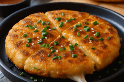 Crispy Korean cheese pancakes with a golden-brown crust and gooey cheese center—served hot and garnished with green onions for a savory snack or side dish.