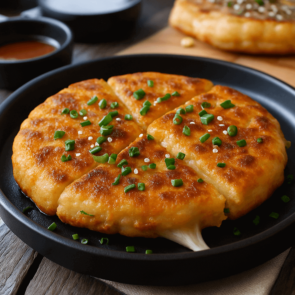 Crispy Korean cheese pancakes with a golden-brown crust and gooey cheese center—served hot and garnished with green onions for a savory snack or side dish.
