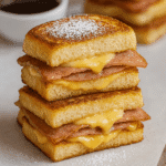 Monte Cristo style breakfast sliders layered with ham, egg, and melted cheese on sweet rolls—dusted with powdered sugar and served with a side of jam for a savory-sweet morning meal.