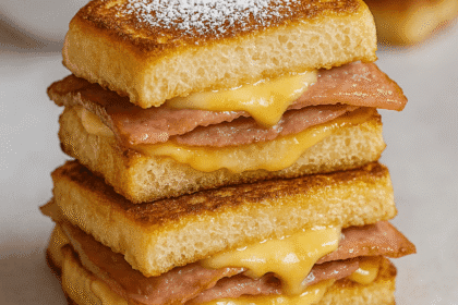 Monte Cristo style breakfast sliders layered with ham, egg, and melted cheese on sweet rolls—dusted with powdered sugar and served with a side of jam for a savory-sweet morning meal.