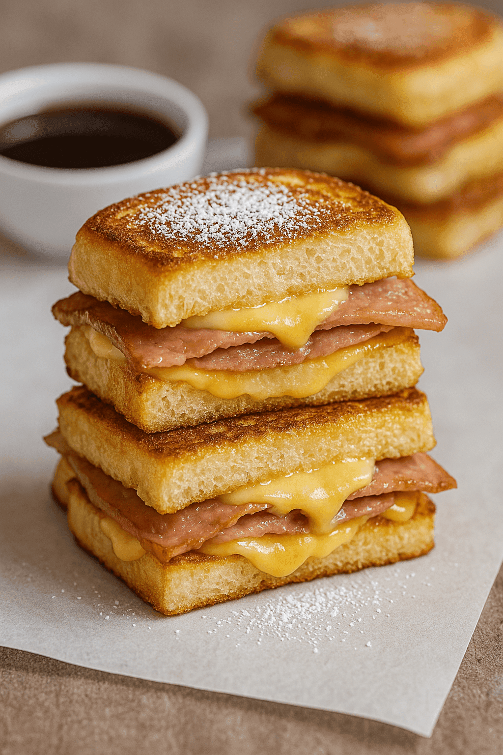 Monte Cristo style breakfast sliders layered with ham, egg, and melted cheese on sweet rolls—dusted with powdered sugar and served with a side of jam for a savory-sweet morning meal.