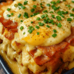 Overnight eggs benedict casserole with layers of English muffins, Canadian bacon, eggs, and creamy hollandaise sauce—baked to golden perfection and served as a make-ahead brunch favorite.