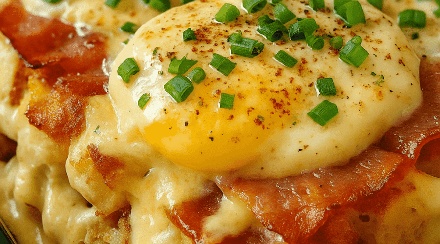 Overnight eggs benedict casserole with layers of English muffins, Canadian bacon, eggs, and creamy hollandaise sauce—baked to golden perfection and served as a make-ahead brunch favorite.