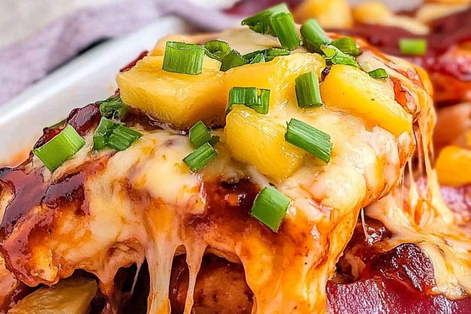 Grilled pineapple BBQ chicken topped with sweet and smoky sauce and caramelized pineapple rings—served with herbs for a flavorful high-protein meal.