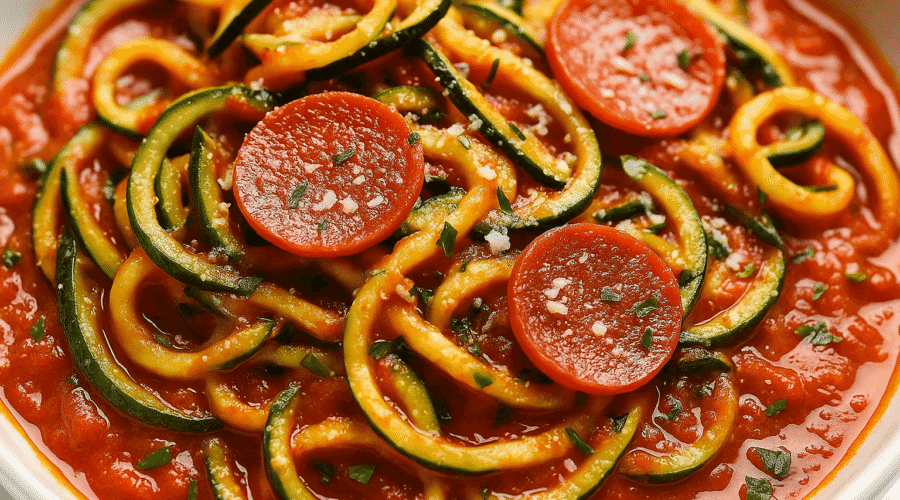 Zucchini noodles tossed in marinara sauce, topped with melted mozzarella, pepperoni slices, and herbs—served as a low-carb, high-protein pizza-inspired meal.