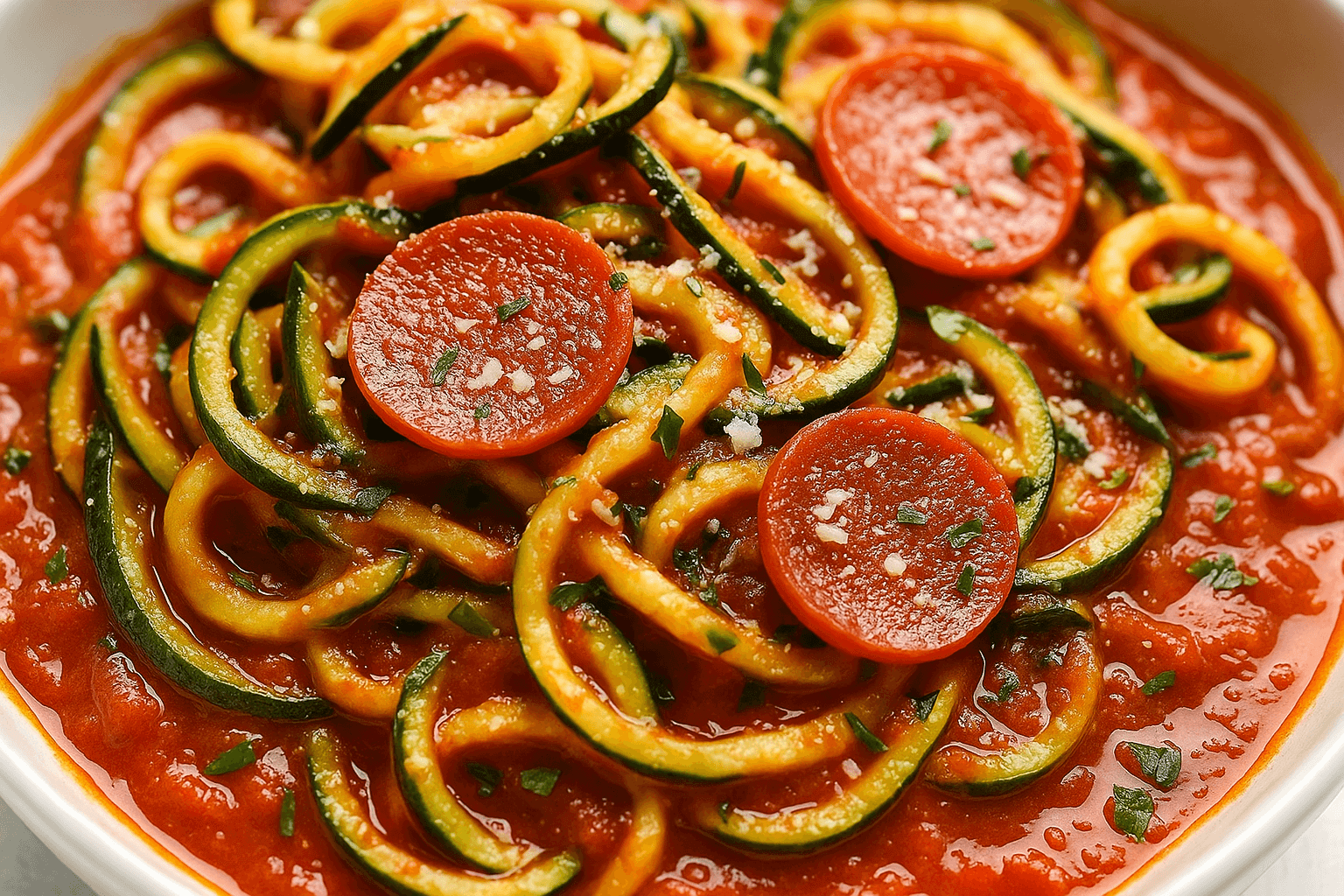 Zucchini noodles tossed in marinara sauce, topped with melted mozzarella, pepperoni slices, and herbs—served as a low-carb, high-protein pizza-inspired meal.