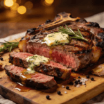 Juicy Air Fryer Ribeye Steak sliced medium-rare with herb butter, garlic, and rosemary on a wooden cutting board.