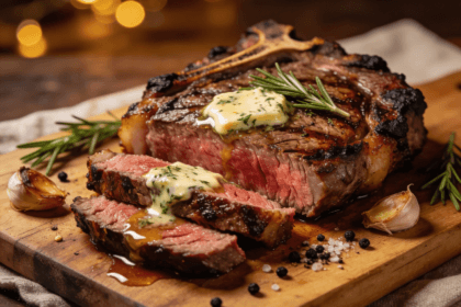 Juicy Air Fryer Ribeye Steak sliced medium-rare with herb butter, garlic, and rosemary on a wooden cutting board.