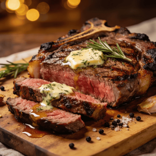 Juicy Air Fryer Ribeye Steak sliced medium-rare with herb butter, garlic, and rosemary on a wooden cutting board.