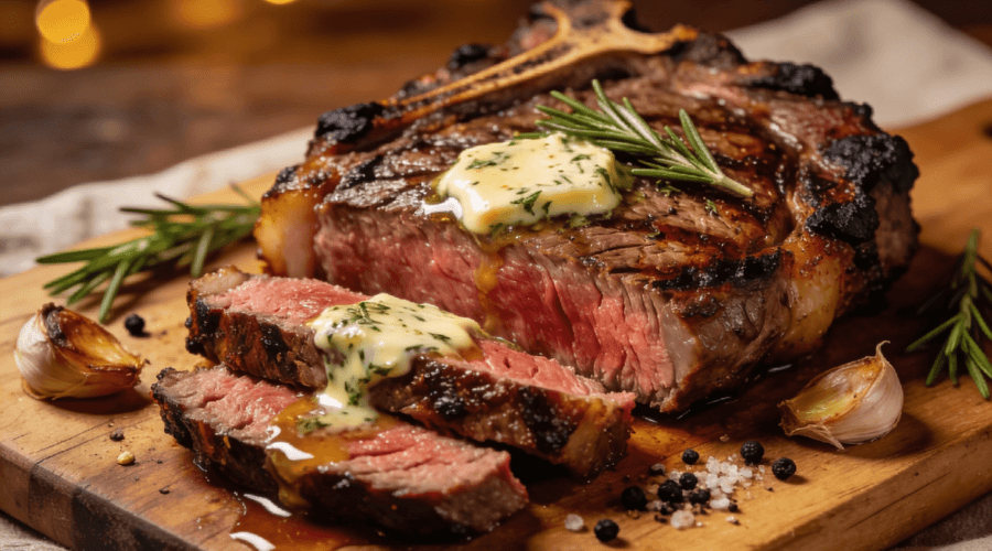 Juicy Air Fryer Ribeye Steak sliced medium-rare with herb butter, garlic, and rosemary on a wooden cutting board.