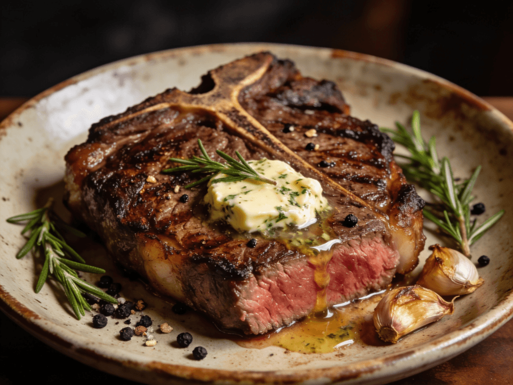 Close-up front view of juicy Air Fryer Ribeye Steak with garlic herb butter, rosemary, and a perfectly seared crust.