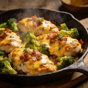Broccoli bacon cheddar chicken in a skillet with melted cheese, crispy bacon, and tender broccoli for a cheesy one pan dinner