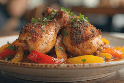 Close-up front view of Cajun chicken served with sautéed sweet peppers and savory pan sauce on a rustic ceramic plate.