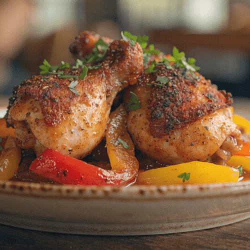 Close-up front view of Cajun chicken served with sautéed sweet peppers and savory pan sauce on a rustic ceramic plate.