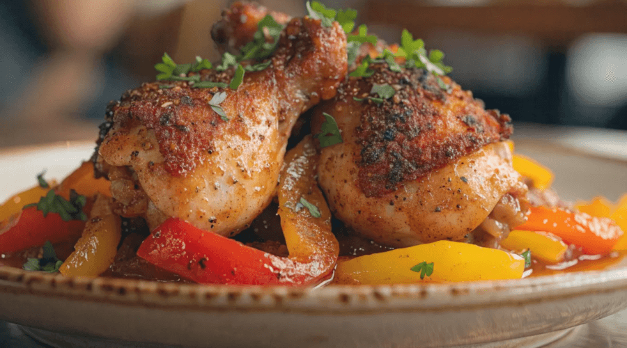 Close-up front view of Cajun chicken served with sautéed sweet peppers and savory pan sauce on a rustic ceramic plate.