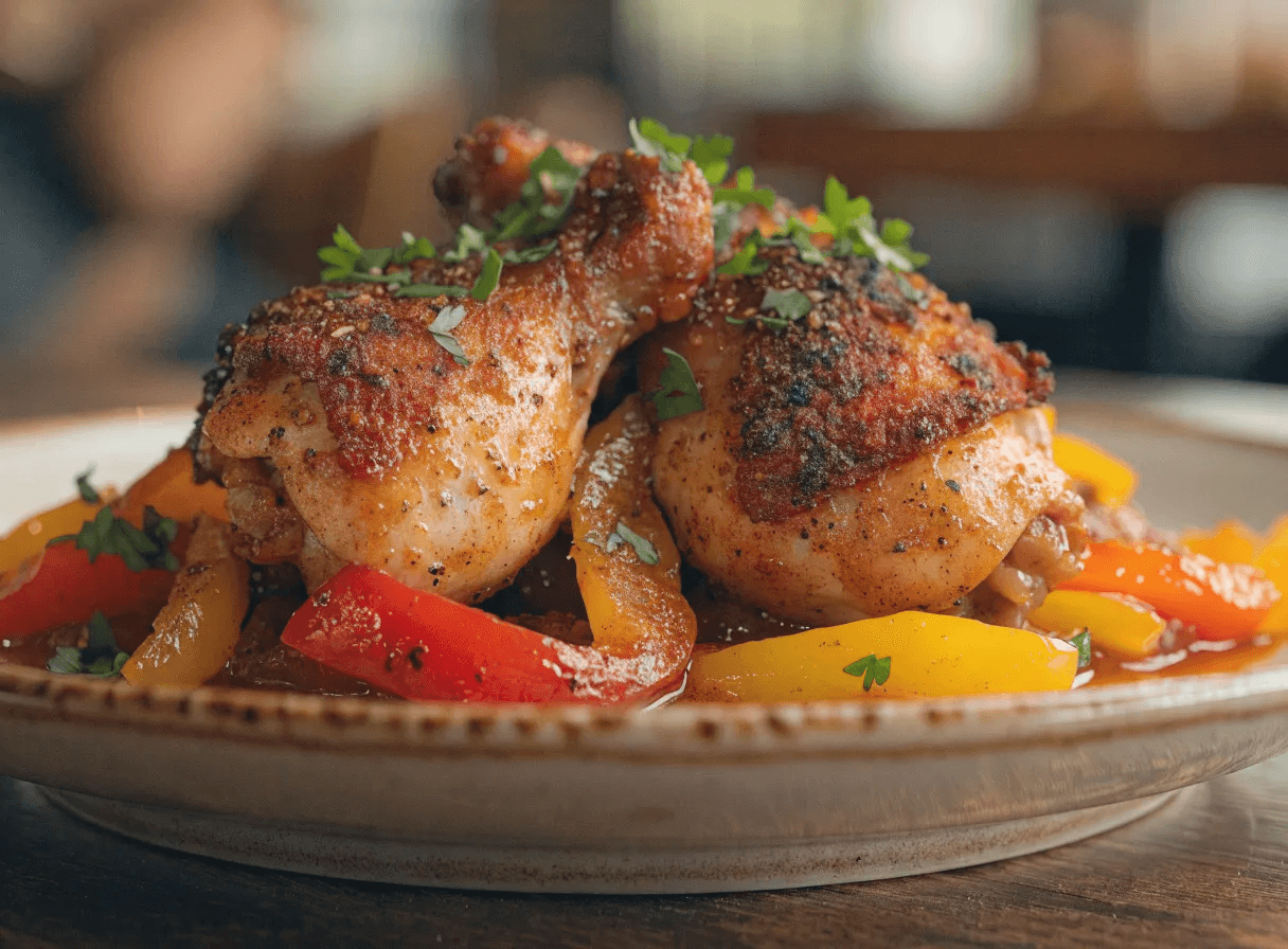 Close-up front view of Cajun chicken served with sautéed sweet peppers and savory pan sauce on a rustic ceramic plate.