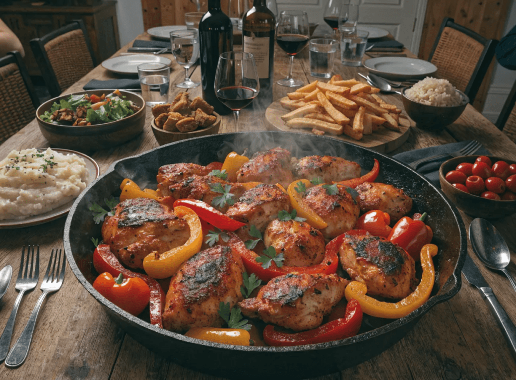 Zoomed-out front view of Cajun chicken with sweet peppers cooked in a cast iron skillet and served as a one-pan dinner on a rustic dining table.