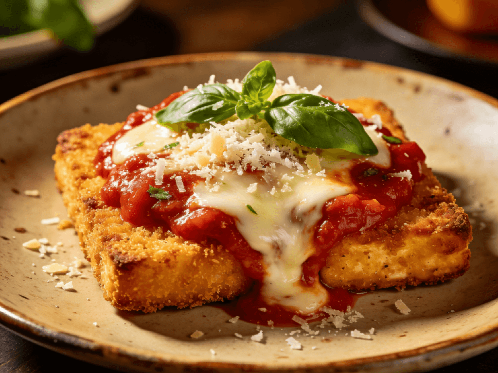 Front view of crispy tofu parmigiana with golden breaded tofu, melted mozzarella cheese, marinara sauce, and fresh basil on a rustic plate.