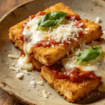 Top view of crispy tofu parmigiana with marinara sauce, melted mozzarella cheese, parmesan, and basil garnish on a ceramic plate.