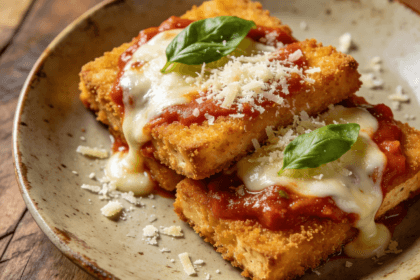 Top view of crispy tofu parmigiana with marinara sauce, melted mozzarella cheese, parmesan, and basil garnish on a ceramic plate.