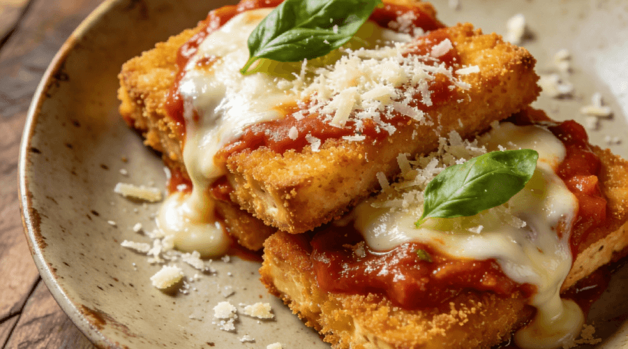 Top view of crispy tofu parmigiana with marinara sauce, melted mozzarella cheese, parmesan, and basil garnish on a ceramic plate.