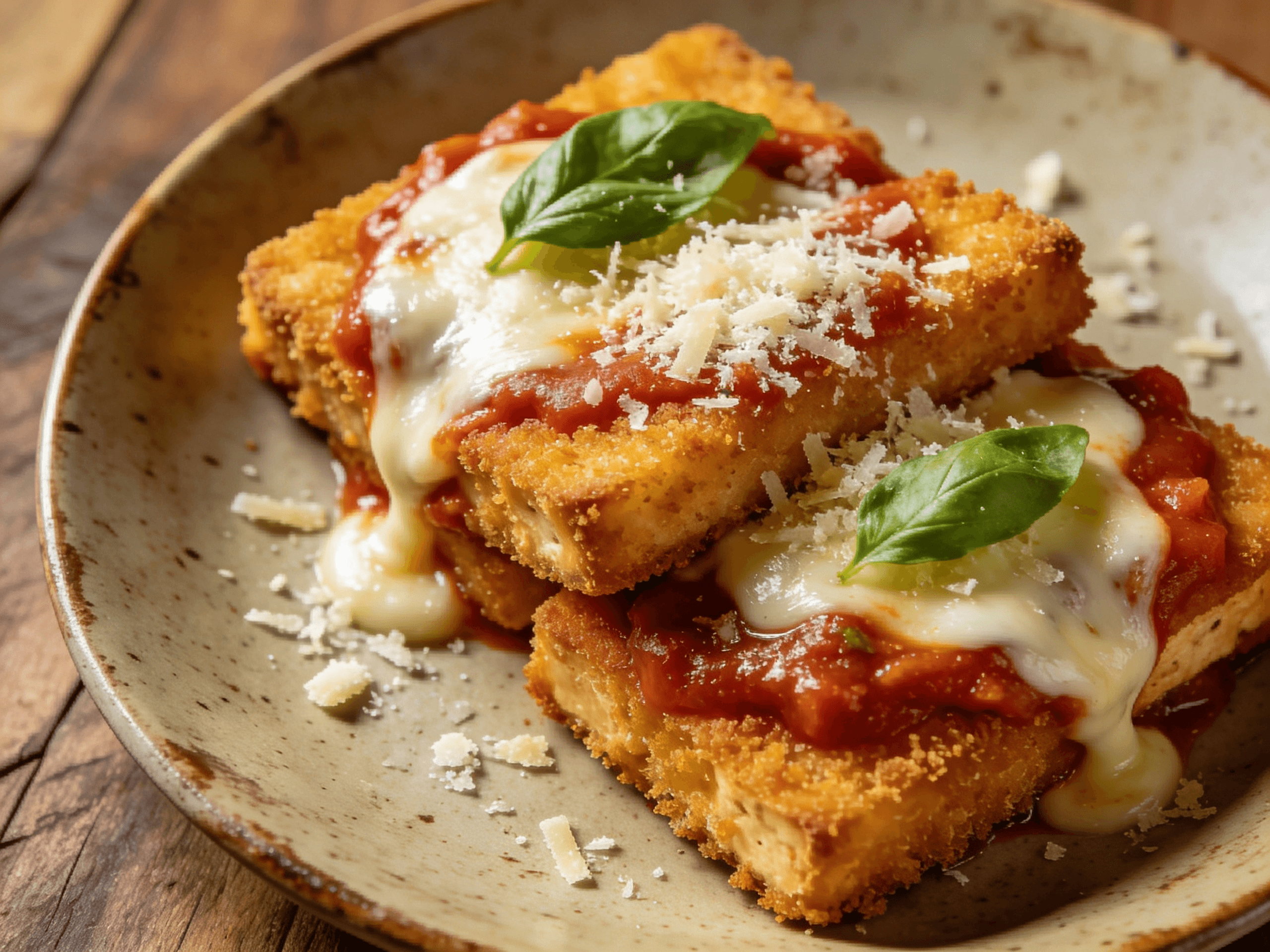 Top view of crispy tofu parmigiana with marinara sauce, melted mozzarella cheese, parmesan, and basil garnish on a ceramic plate.