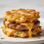 Close-up front view of savory cauliflower fritter sausage stacks with crispy golden cauliflower patties, melted cheddar cheese, and juicy sausage for a high-protein low-carb breakfast recipe.