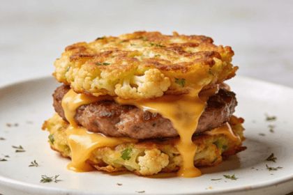 Close-up front view of savory cauliflower fritter sausage stacks with crispy golden cauliflower patties, melted cheddar cheese, and juicy sausage for a high-protein low-carb breakfast recipe.