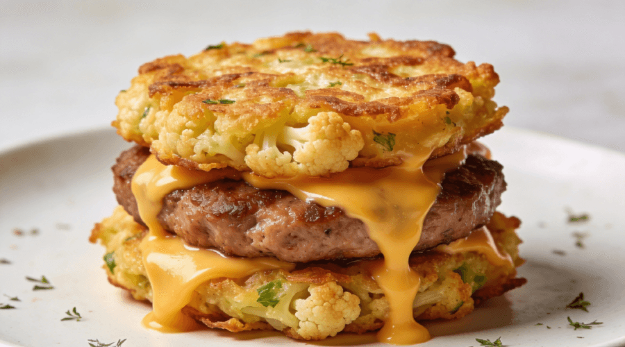 Close-up front view of savory cauliflower fritter sausage stacks with crispy golden cauliflower patties, melted cheddar cheese, and juicy sausage for a high-protein low-carb breakfast recipe.