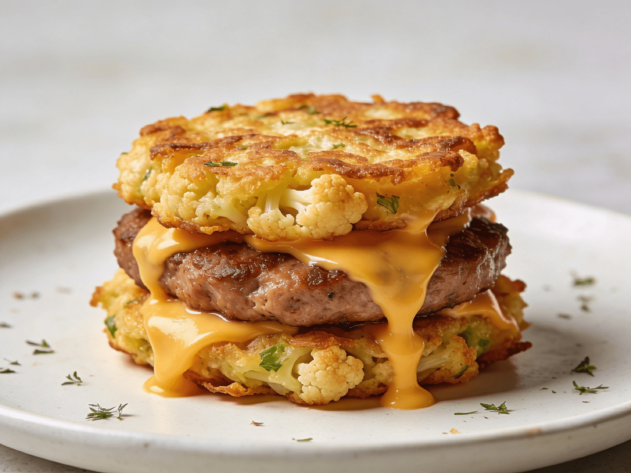 Close-up front view of savory cauliflower fritter sausage stacks with crispy golden cauliflower patties, melted cheddar cheese, and juicy sausage for a high-protein low-carb breakfast recipe.
