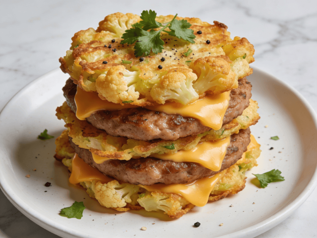 Top view of savory cauliflower fritter sausage stacks with crispy cauliflower patties, melted cheddar cheese, and sausage on a white plate for a low-carb breakfast recipe.