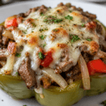 Close-up front view of cheesy steak stuffed peppers topped with melted provolone cheese, sautéed onions, and tender beef for a low-carb Philly cheesesteak dinner.