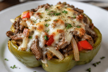 Close-up front view of cheesy steak stuffed peppers topped with melted provolone cheese, sautéed onions, and tender beef for a low-carb Philly cheesesteak dinner.